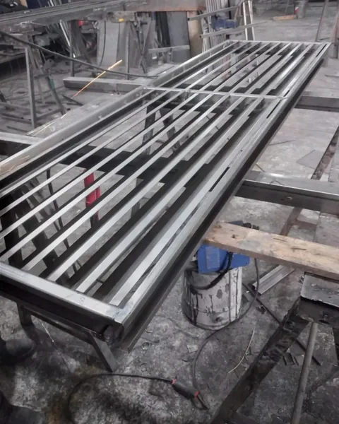Reja de barrotes de hierro en fabricación sobre la mesa de trabajo del taller